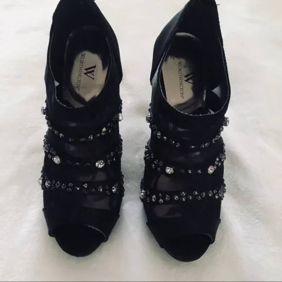 Jeweled and Mesh Black Peep Toe Bootie High Heel | Sexy Fun Celebrity Socialite - Picture 5 of 7